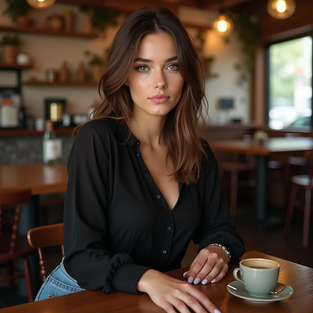beautiful young woman, straight brown hair with some frizz, green eyes, natural breasts, wide hips, perfect hands, high quality, realistic, professional, black blouse and denim skirt, in a coffee shop
