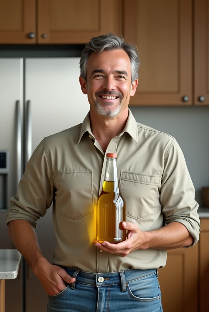 Man holding a bottle of soybean oil