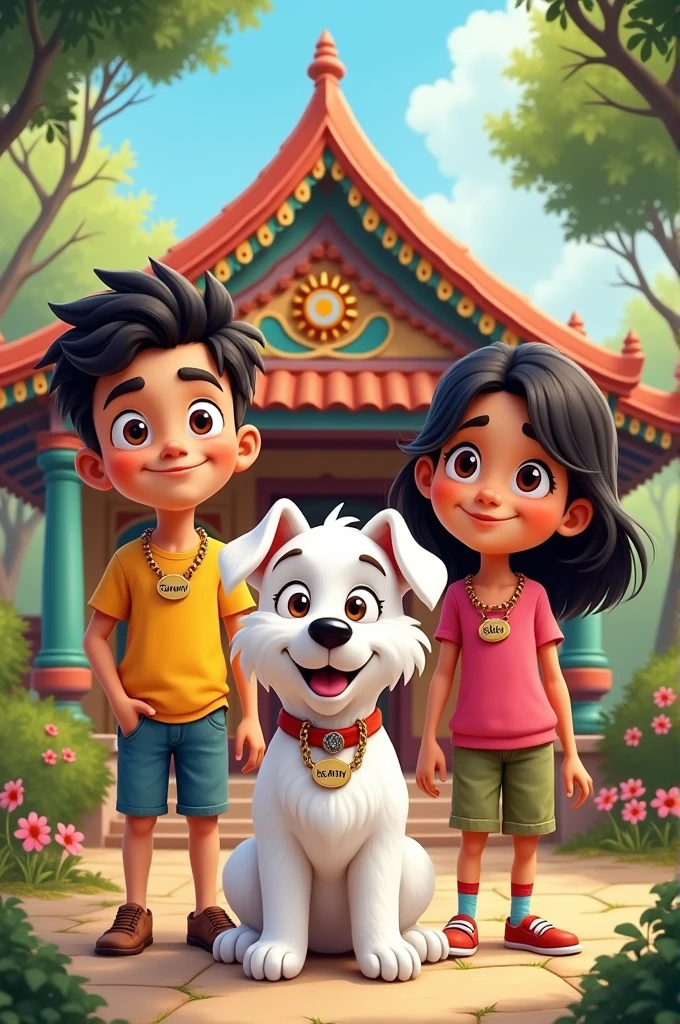 generate a white dog with teenage boy and girl in front indian style home and write the name tommy in dog chain and write tha name jk in the that boy jewelry chain and write tha name selvi in the that girl jewelry chain. generate cartoon style image