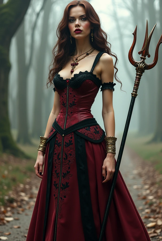 dove woman, white skin color, long wavy dark reddish brown hair, wine lipstick corset red burgundy with black, long embroidered skirt in burgundy red with black details holding a trident, with gold bracelets and gold necklace and earrings with red details, very striking black look, at a crossroads laughing