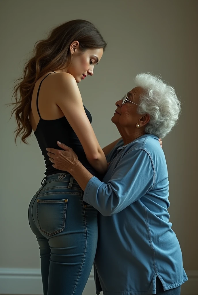 Create a photo of a 30 year old young woman, with a slender and beautiful body, wearing a black low-cut tank top and jeans, with white and clear skin, with long light brown hair and has her back to the camera as she is lifted high by the waist by an obese black 90 year old lady, dark black skinned, who has short hair, who wears glasses and a blue dress