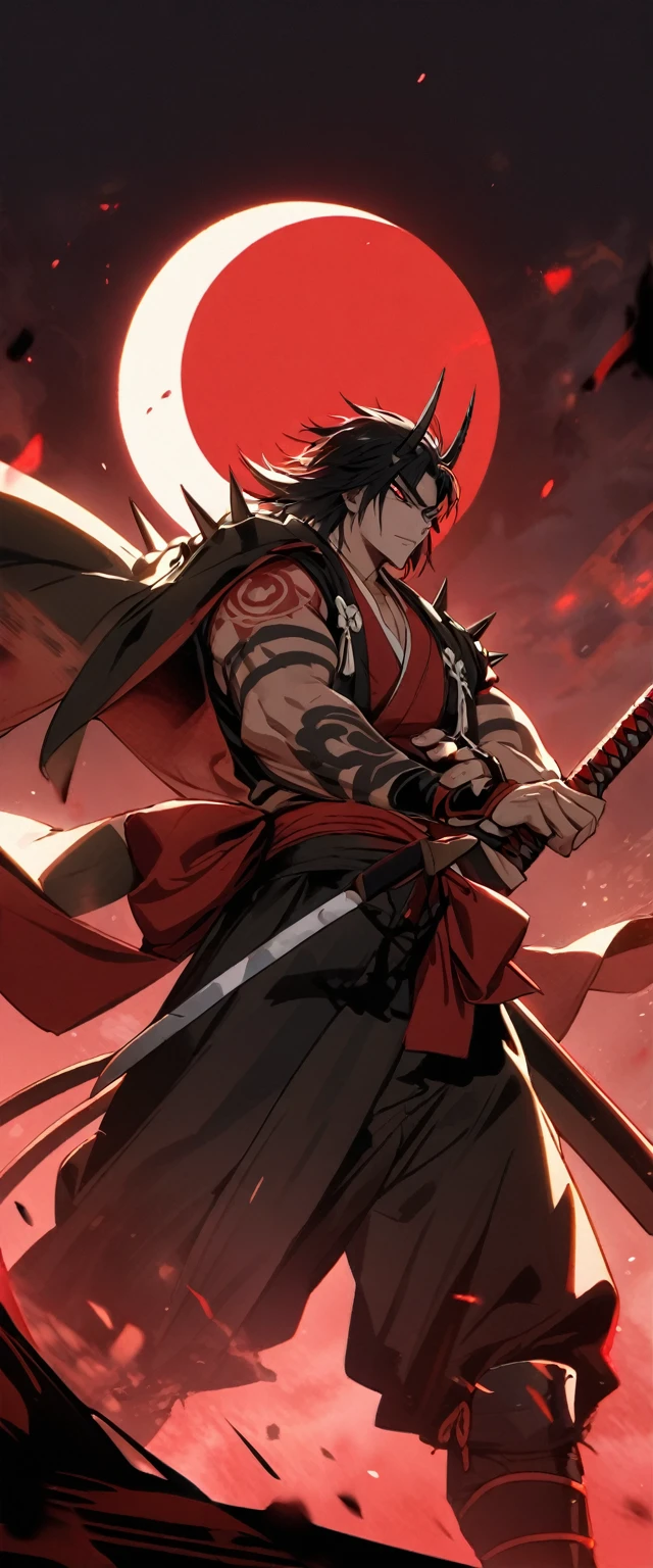 muscular tattoos body neon tattoos red moon background aesthetic pose spike blqck hairs , of a samurai