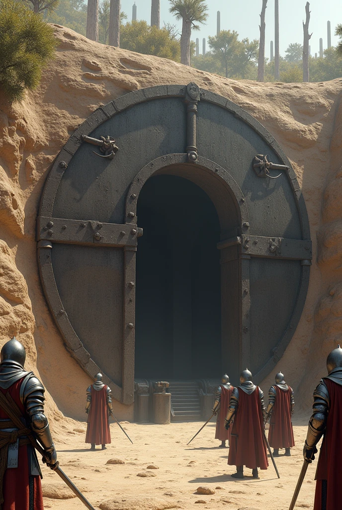 Create a giant oven with an iron door that can only be opened from the outside with medieval knight soldiers in armor in a place like a desert but with some trees and everything