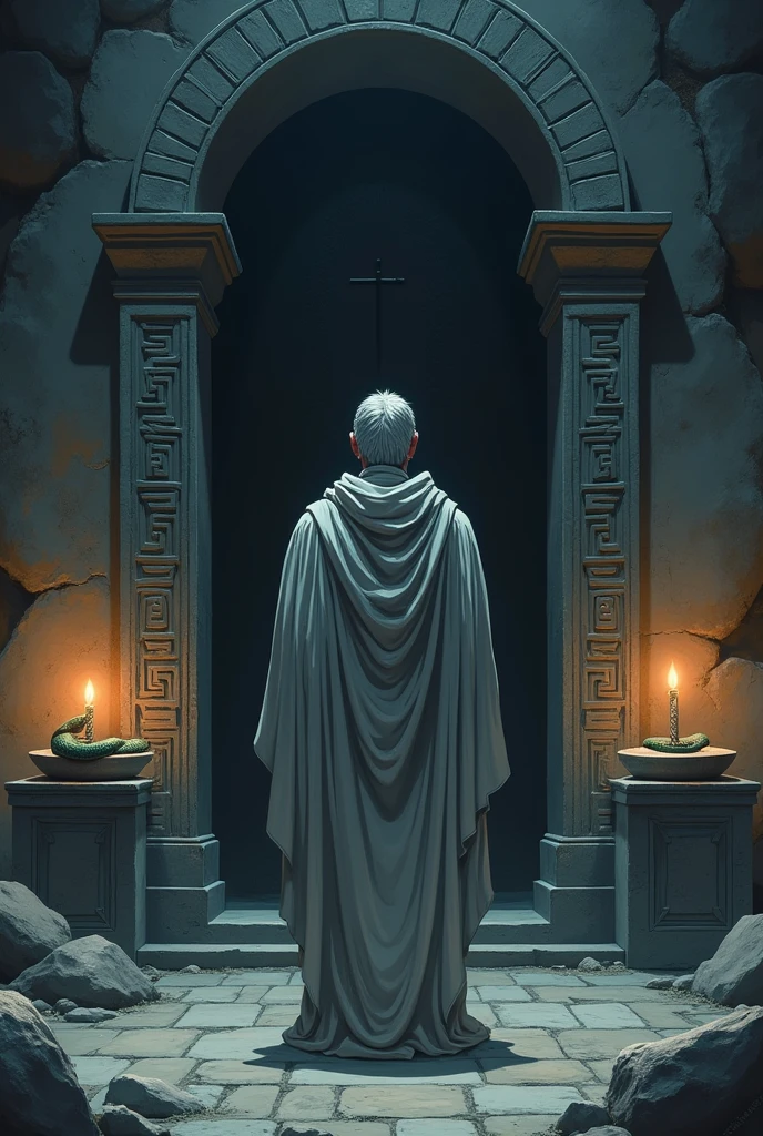 sacerdote grego, with gray and white clothes, facing a tomb, ((anime styling)), with a snake on top of the stone coffin.