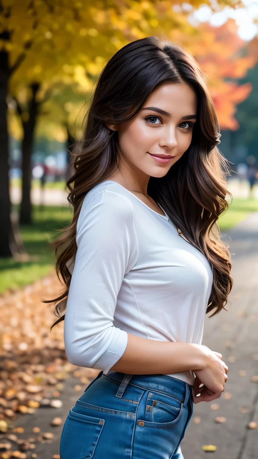 Realistic full body photo of a smiling, Young brunette girl with long hair, She dances in front of the camera in a long, purple tight blouse and  jeans.., Park,glamour fotoshooting, Park, perfect anatomy, perfect brown eyes. Perfect hands with 5 fingers on each hand, Matching girl, look into the camera, 1 Frau. (Eye make up:1.1), (highly detailed skin:1.1), spirit, analog styleen focus, 8K  UHD, dslr, good quality, Fujifilm XT3, Grain, Award-winning, ​masterpiece. Park