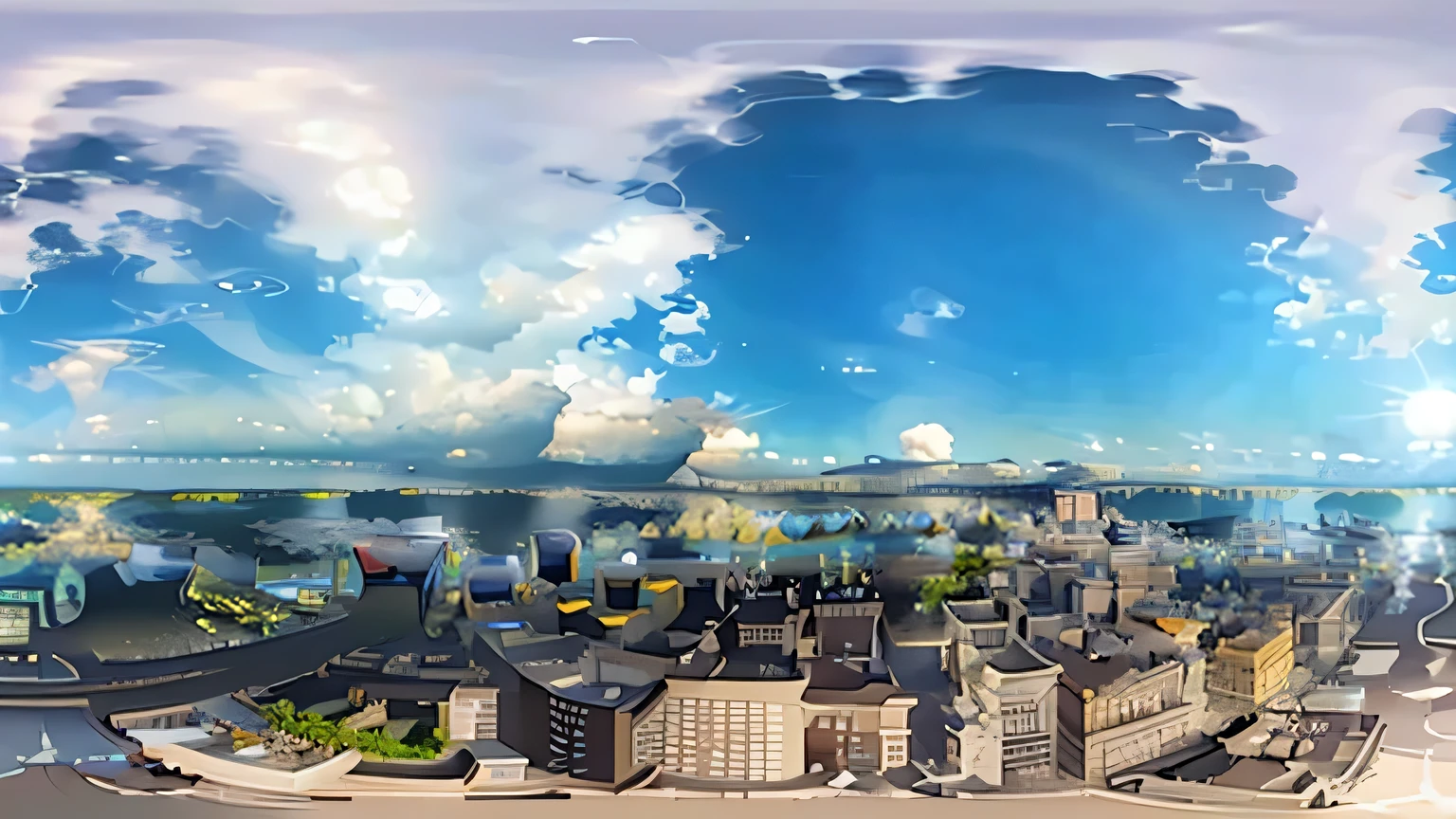 Aerial view in 360 equirectangular panorama of the city square of Osorno in southern Chile, Extremely detailed 8k CG unit wallpaper, Sky with clouds and sun glare, really amazing clouds, trends on Artstation, pixiv, Unreal Engine hyper detailed 4k 8k ultra HD,masterpiece, Conceptual art, trend in artstation, trend in CG society, Intricate, High detail, sharp focus, photorealistic