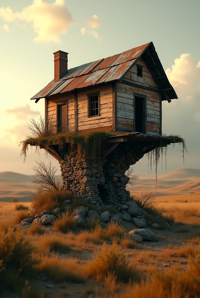 a precarious single-story house made of bricks and zinc sheets almost falling apart in a rural setting at sunset