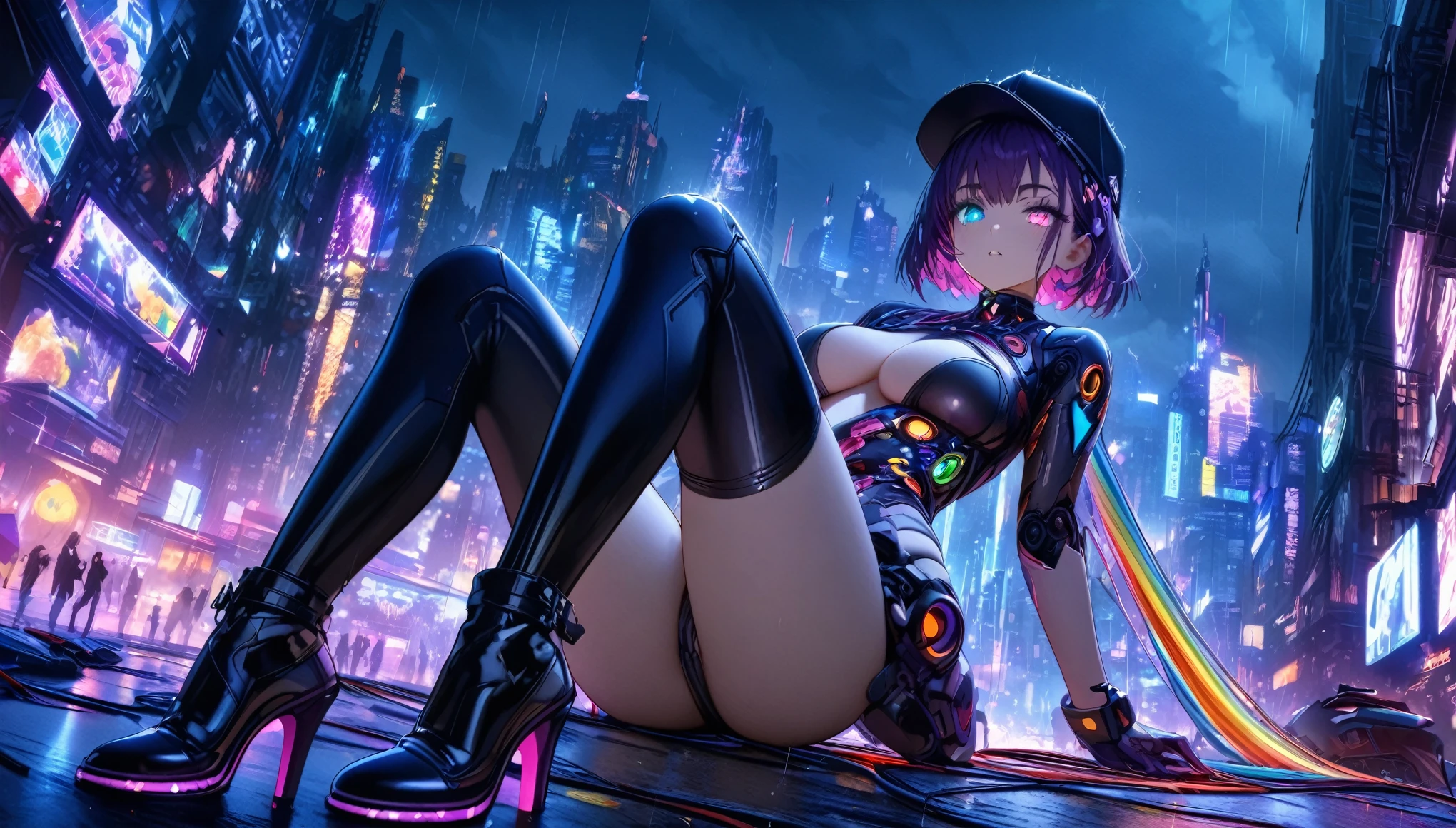 {{Masterpiece,best work}}, top quality, Ultra-detailed CG Unity,8k wallpaper, lens flare, (Detailed beautiful eyes),particle,Miss,Berry short hair,cool face,((Colorful mechanical wool)),rainbow eyes,Heterochromia of the iris,Big deal,Black Purple Body,Inorganic black headwear,(Perfect Body),cyberpunk,Inorganic decoration,Body,cable,low angle,Whole BodyEsbian,a sexy,high heels boots,night city,rain,Eyes looking down,perfect hands.