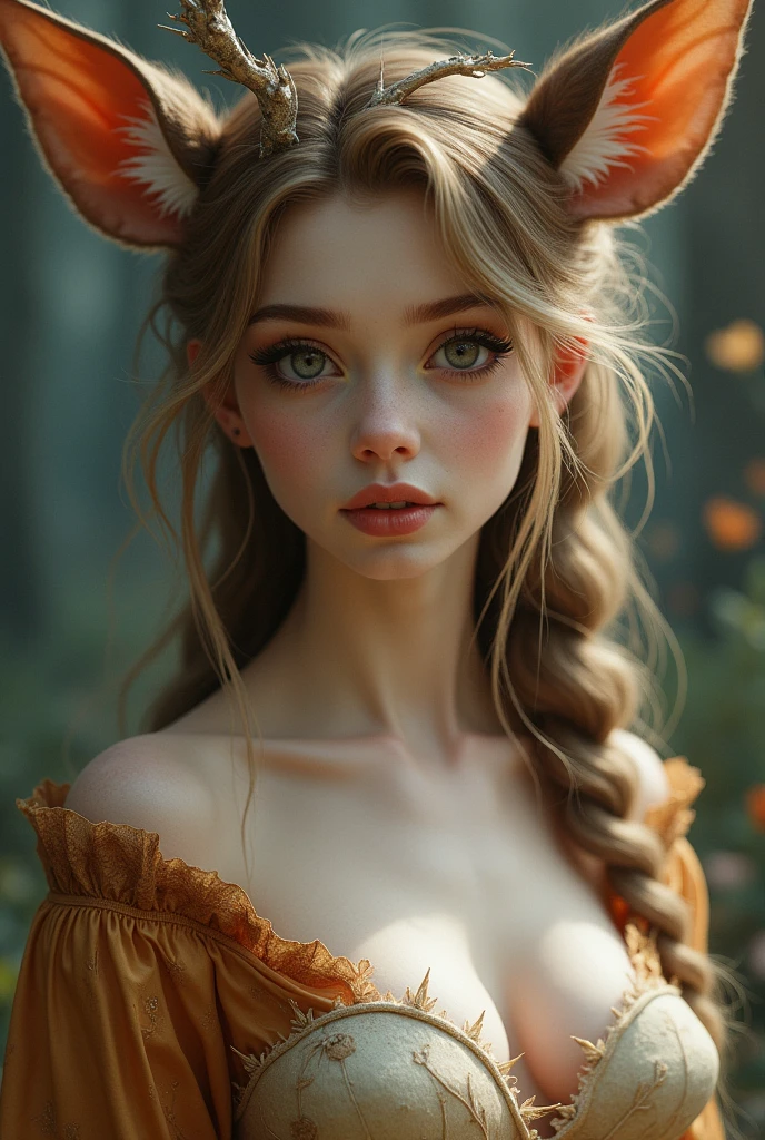 one girl, fawn ears, , pure, cute naked, topless, a Woman fawn mix, human Body, big tits, furry and skin, fawn nose but the Rest of the face ist human, (((whiskers))) big eyes, fawn fur, deer eyes, hybride 40 %fawn and 60 % human, face mostly woman, fawn Hair , braid, fur instead of skin at Body Arms and shoulders and neck, tits are human, the mice nose is hairy , nipples, deer fur , full black Iris, hole eyes are black Just Like a fawn, slender, Bambi eyes, No clothes, thick ass