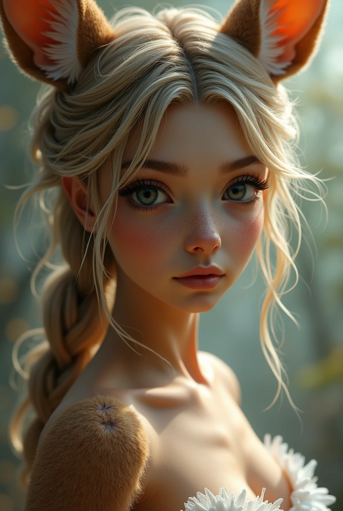 one girl, fawn ears, , pure, cute naked, topless, a Woman fawn mix, human Body, big tits, furry and skin, fawn nose but the Rest of the face ist human, (((whiskers))) big eyes, fawn fur, deer eyes, hybride 40 %fawn and 60 % human, face mostly woman, fawn Hair , braid, fur instead of skin at Body Arms and shoulders and neck, tits are human, the mice nose is hairy , nipples, deer fur , full black Iris, hole eyes are black Just Like a fawn, slender, Bambi eyes, No clothes, thick ass
