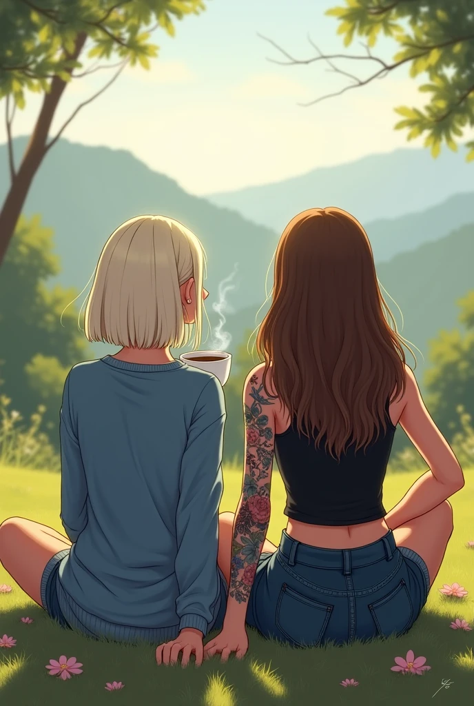 Une illustration de deux filles assises en tailleur et de dos qui boivent un café dans la nature. Elles regardent le paysage. We only see their backs. The first girl has platinum blonde hair with a very straight shoulder length bob and a blue sweater.. The second girl has very long brown hair down to her back and wavy and a black tank top. She has her entire right arm tattooed. 