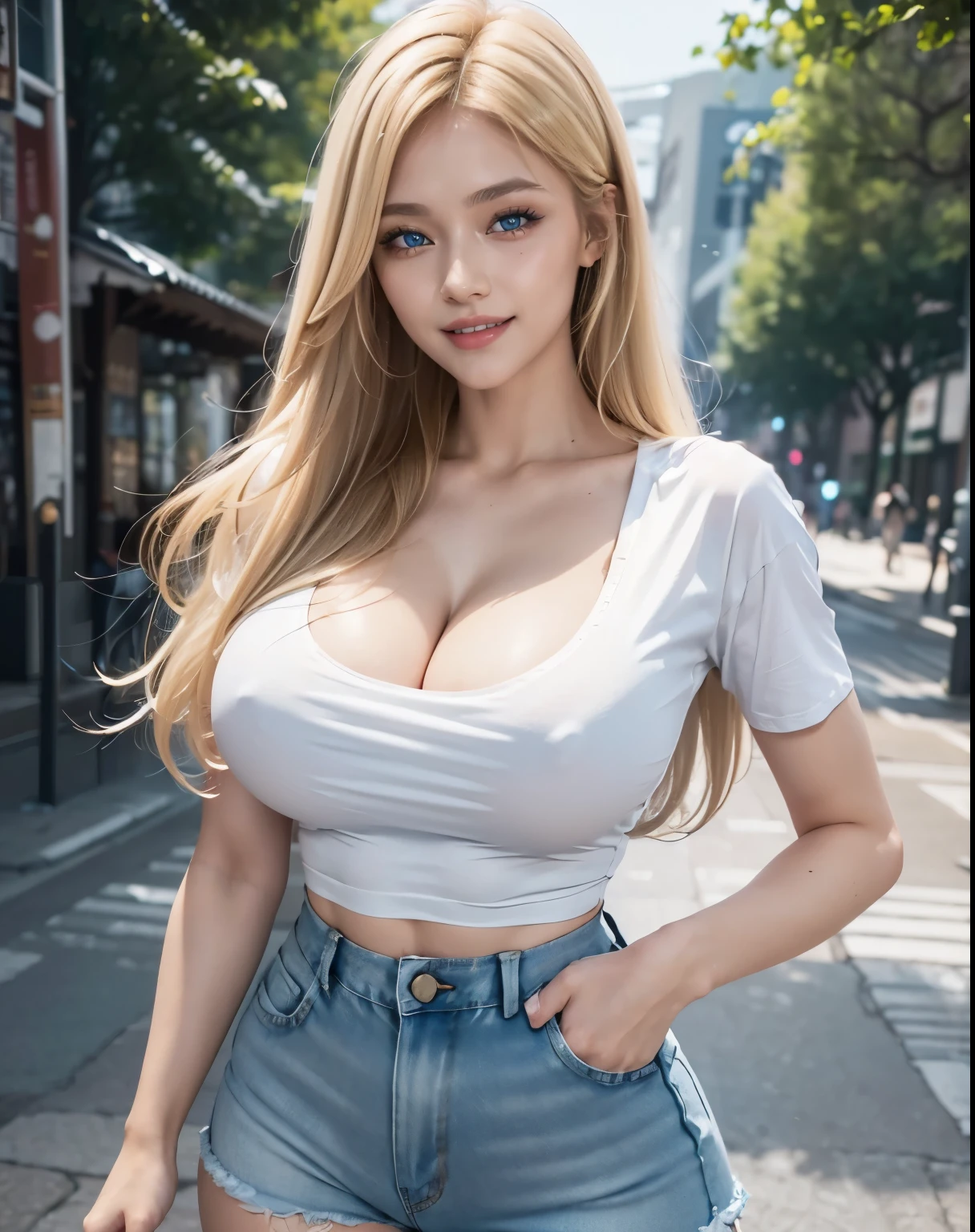 1girl, (Blue Eyes), (smiling :1.2), (big tits), (big butt), thin waist, thick thighs, toned legs, (Best Quality, 8k, Masterpiece: 1.3), Clear Focus: 1.2, Perfect Body Beauty: 1.4, (strong abs), Highly detailed face and skin texture, detailed eyes, double eyelids, (shiny skin :1.2), (blonde long hair :1.2), (cleavage white t-shirt :1.2), (denim shorts :1.2), standing, dynamic pose, in a japanese park