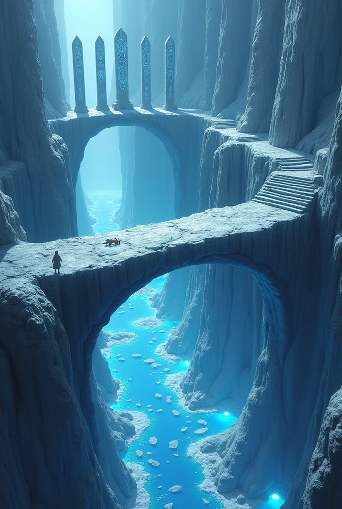 Create a medieval RPG map seen from the sky, like your fat and etc. The map is based on a large bridge in a cold and icy cave, with crystals and the like around, there is a big hole around the bridge. When the bridge is finished (connects with the other side) there is a flat area where there are 5 pillars where each pillar carries a type of animal as its main image, being respectively: serpent, Lion, raccoon, Dolphin and owl. over the bridge, it might be a little broken, some steps just floating with an unknown, colorless magic, just float as if they were alive. Remember the crystals that resonate throughout the environment. The hole is so big that its end cannot be seen and after the bridge, the full area must be large, carrying the five pillars one next to the other with just one IMAGE of the animals mentioned above, not the animals themselves, but only these carvings on each pillar. Each pillar must be different, since they are different animals. The first pillar must bear the image of a snake, o segundo deve portar a imagem de um Lion, o terceiro porta a imagem de um raccoon, the fourth bears the image of a dolphin and the fifth bears the image of an owl