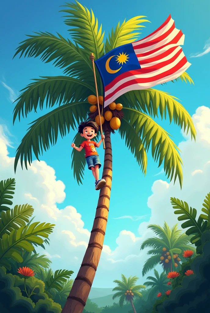 a boy waving the Malaysian flag on a coconut tree