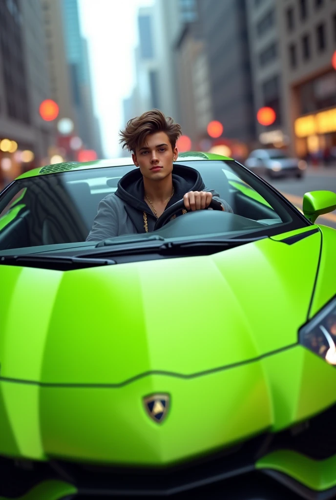 A cool boy in a green lambo 
