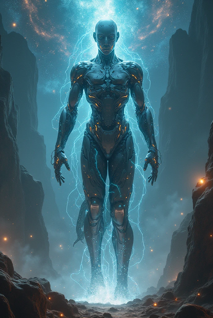 Make an image that technology has created awareness of, and has become a being, and have dominated the universe 