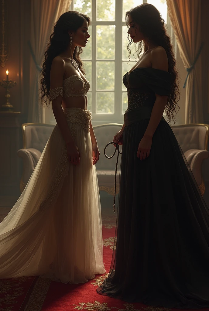 A slave girl in a long dress gets spanked with a whip by her mistress
