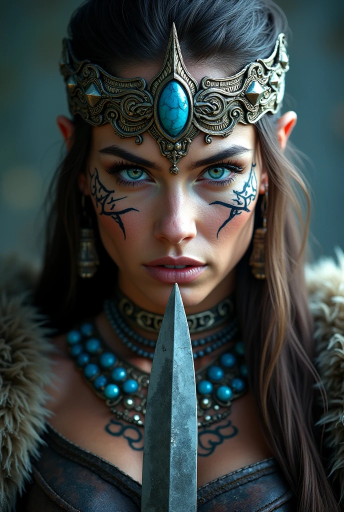 Beautiful Viking warrior close up,40 years old, beautiful knife on display, Woman, blue eye with lightning, large crown on head , tribal tattoo on face, Angry, blue stone neck necklace