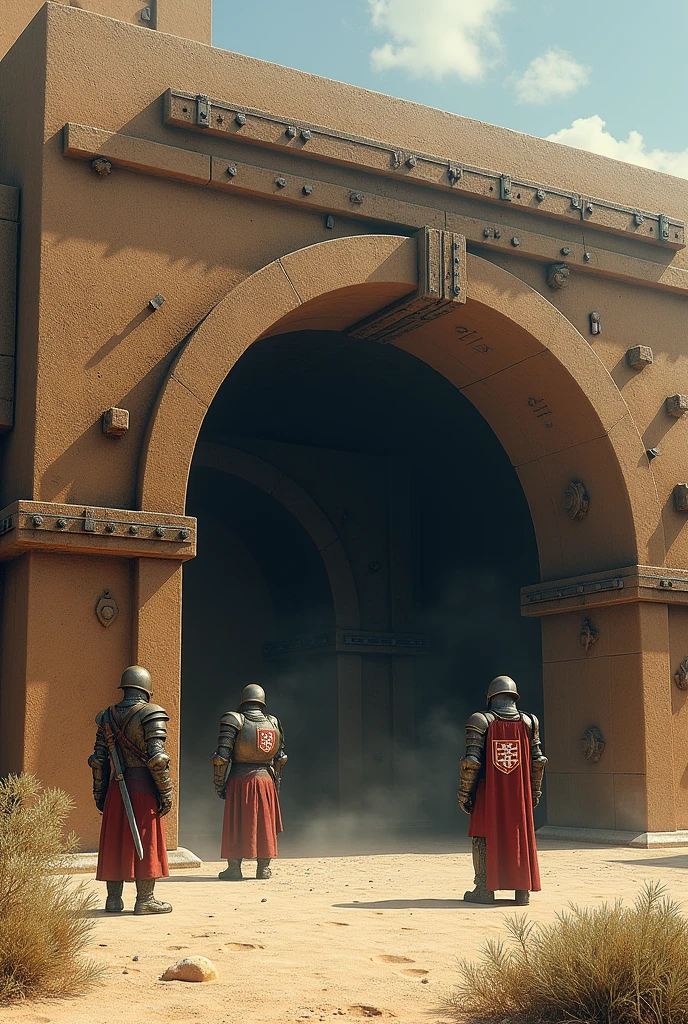Create a giant oven on the ground with an iron door that can only be opened from the outside with 3 medieval knight soldiers in armor in a place like a desert but with some trees and everything,
