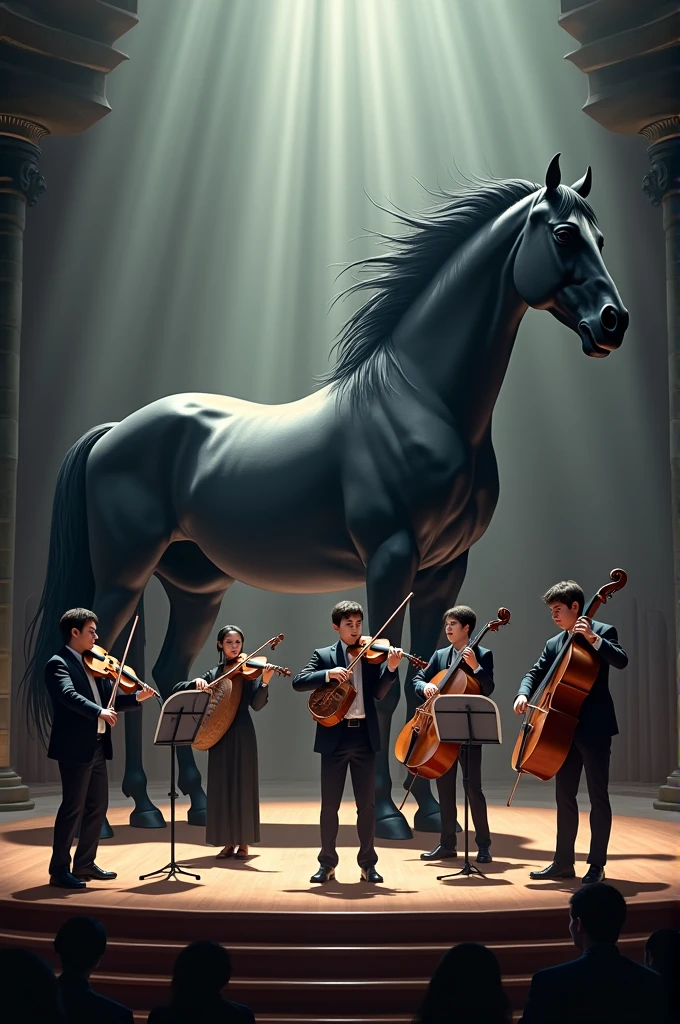 six musicians at a concert. black horse in the background.
