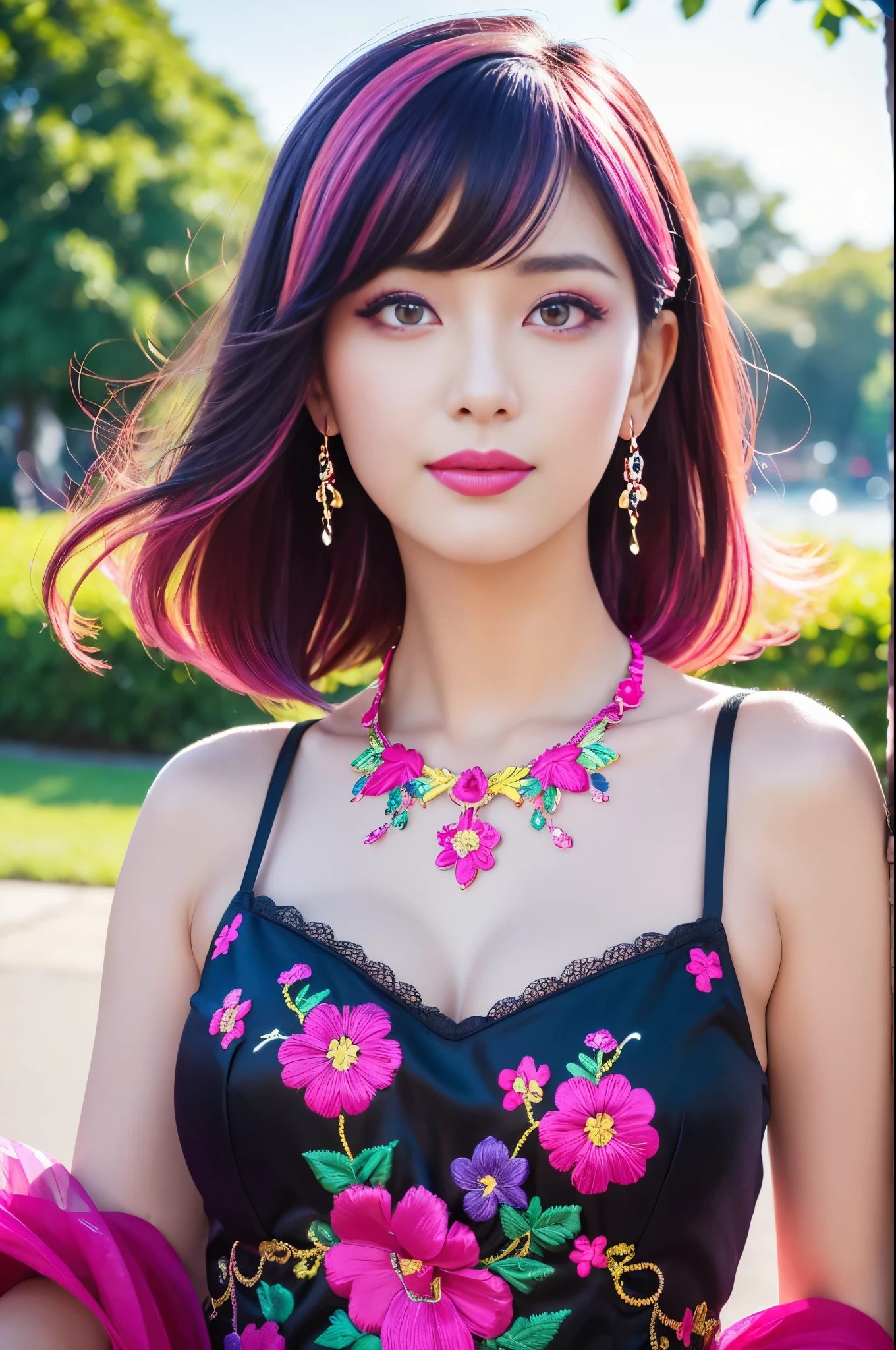 (masterpiece:1.4), (best quality:1.4), ultra high res, ultra high resolution, ((detailed facial features)), HDR, (realistic, photorealistic, photo-realistic:1.37), full body Esbian, sexy swedish model, (-anime), only 1 model, vivid colors, ((vivid colors multicolor (fuchsia, pink, light blue, purple) very short hair)), (seductive smile), lip-gloss, long lashes, defined eyebrows, wearing large sparkling colorful jewelery, wearing a red silk Paradise Kiss cosplay dress with black floral embroidery, ((vivid colors outfit)), vivid colors, look at the camera, cinematic light, large park background with trees, sweet and sexy pose