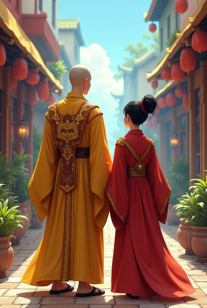 A shaven-headed monk in golden robes and a dragon-symbolized sash, next to her sister with black hair tied in a bun, wearing a red robe. Atmosphere in a bohemian neighborhood. An RPG model.