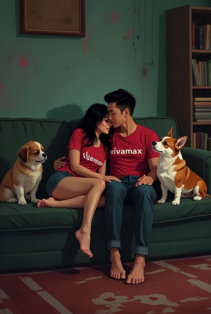 latina  girl and chinese boy hot couple, both flirty in couch hugging with couple shirt with text "Vivamax" ,  dark dirty, delusional sitting in a  couch apart, one is lying down the lap , with shih tzu dog and corgi dog