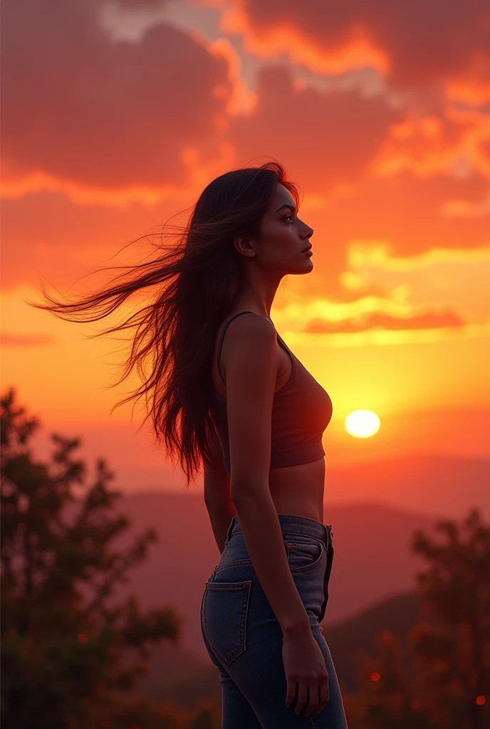 Female 21, Indian, white skinned, watching sunset, looking opposite of camera, crop top, jeans, long brown hair.