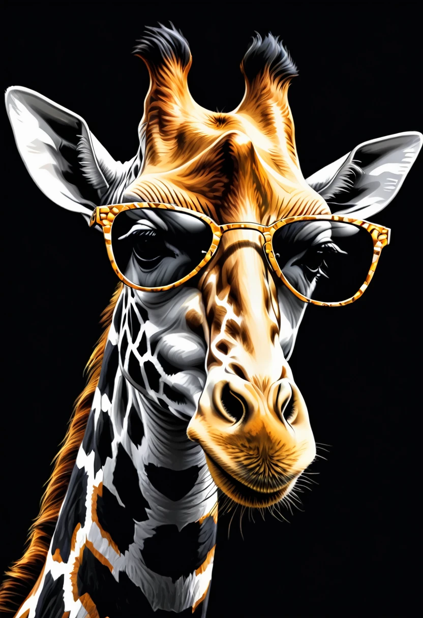 Golden giraffe head with sunglasses on black background, sharp edges, masterpiece, drawn with pencil, Vector image, Front view