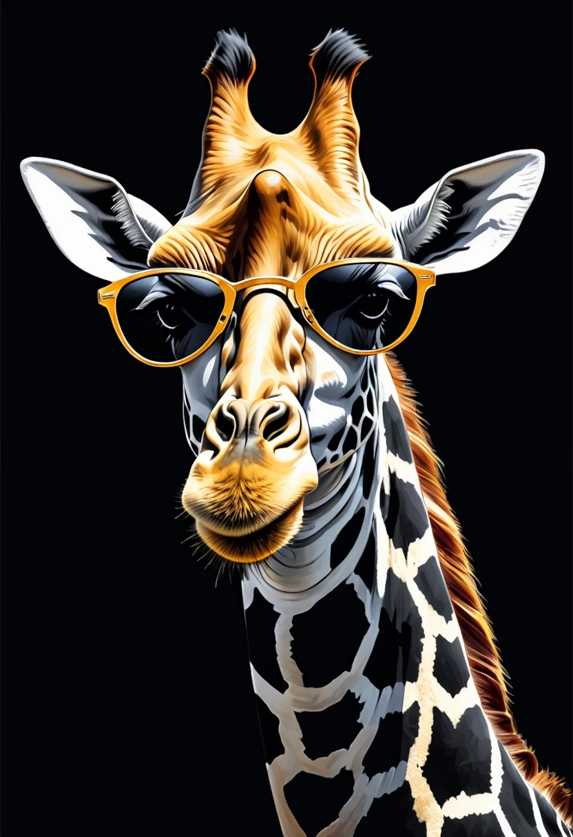 Golden giraffe head with sunglasses on black background, sharp edges, masterpiece, drawn with pencil, Vector image, Front view
