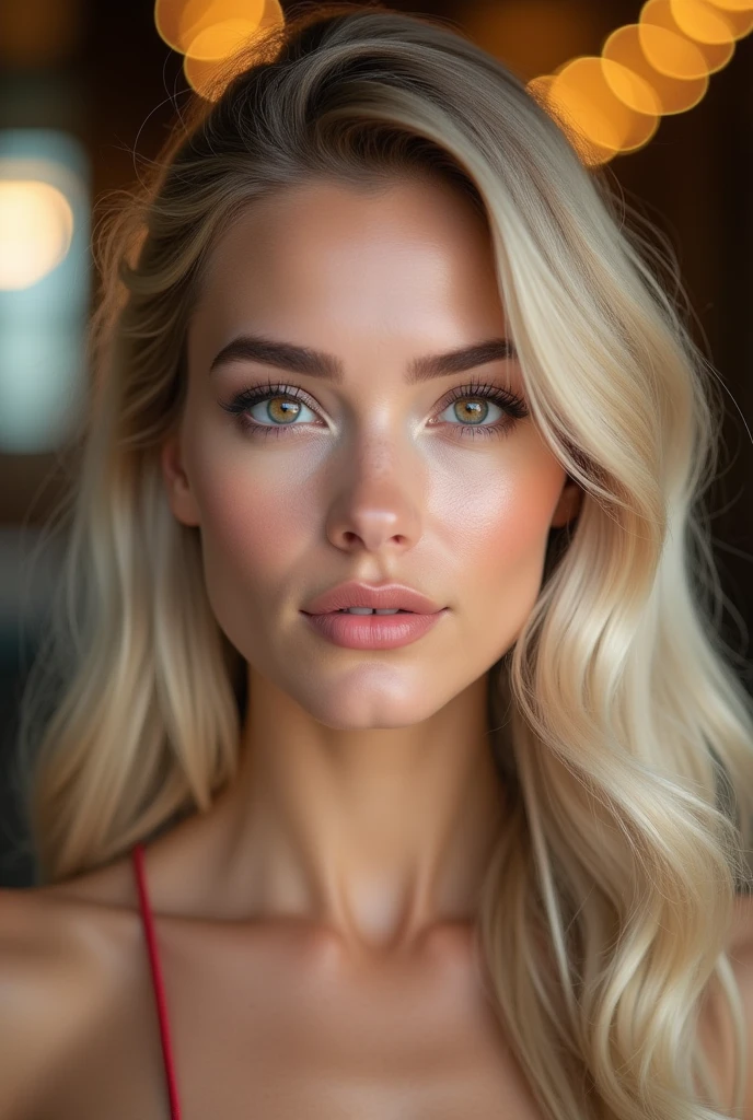 A stunning blonde woman aged between 25 to 30 years, designed using a precise facial model that ensures consistency across different depictions. Her face is characterized by an oval shape, with a facial length-to-width ratio aligning with the golden ratio for aesthetically pleasing symmetry. Her long, flowing blonde hair frames her face, with a natural shine enhancing the soft waves. Her naturally arched, well-groomed eyebrows sit at an optimal distance from her large, almond-shaped hazel eyes, maintaining a balanced interocular distance. The straight, well-proportioned nose features a nasal length perfectly aligned with the lip distance, ensuring facial harmony. Her full, naturally pink lips have a defined cupid’s bow and are slightly parted, with a curvature that complements the proportions of her chin and jawline. High, well-defined cheekbones add to her sculpted look, with zygomatic width creating a harmonious connection between the cheekbones and the jawline. Her smooth, flawless skin radiates a healthy, youthful glow. Set against a luxury hotel lobby backdrop, the scene is detailed with her highly defined facial features, flawless skin texture, and refined makeup, all aligned to maintain the consistent beauty of her facial model.