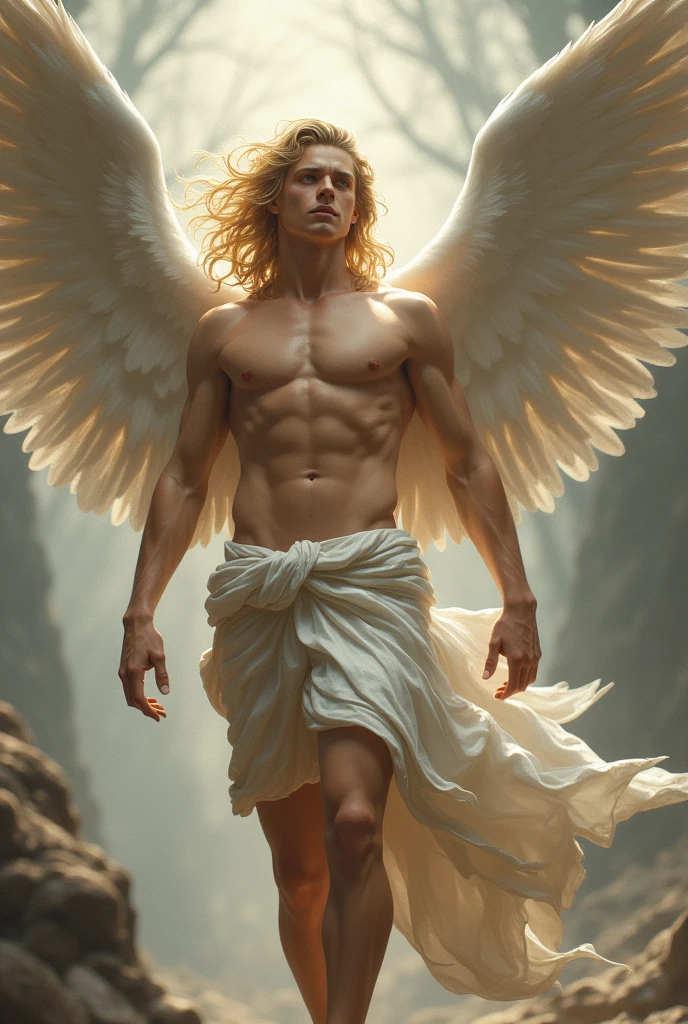 blond, with white wings, mythology artwork, Youngh, naughty man, mighty, with clothes