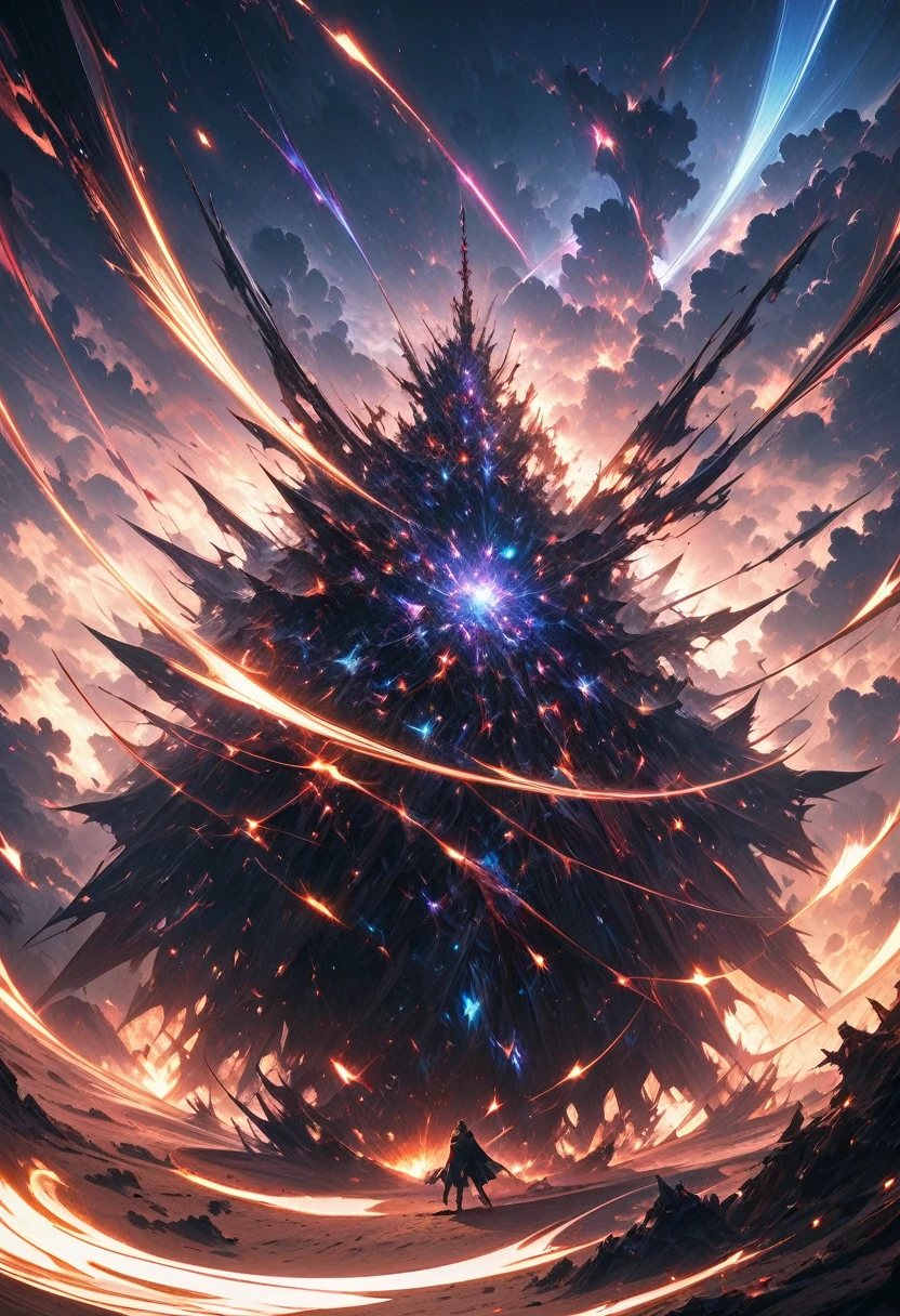 from above, an anime character, Ruizu Shibura, He wears a black cape, all black suit, deadpan expression, standing on a burning desert, bottom, Ominous white and purple swirling clouds, night sky, iridescent cosmic rays bursting, conceptual installation art, (ultra detailed, Absolute resolution, Best Quality:1.3), 2.5D, Delicate and dynamic effects, Artistic, hyper, Computer generated digital fantasy graphic art