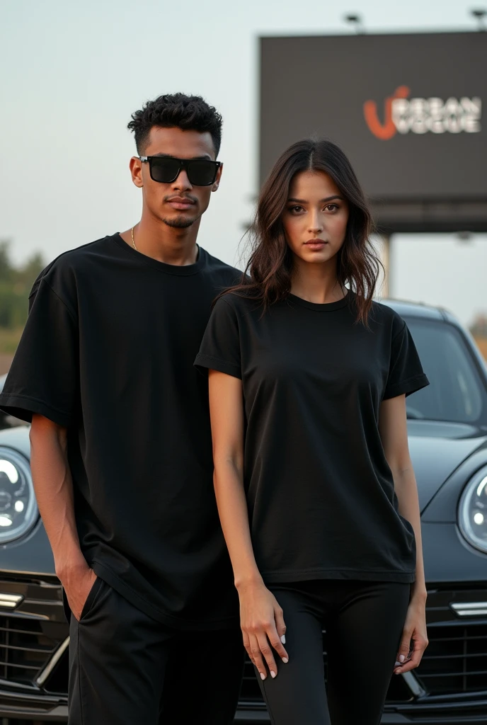 A photo of a male and female model standing in front of a sports car porshe Or g wagon. The male model is wearing a black oversized plain t-shirt with no text, and the female model is wearing is also wearing black oversized plain basic t-shirt. The back of the female model's t-shirt is visible. The t-shirts are plain and basic and the quality should look premium. . Behind the sports car, there is a billboard of UrbanVogue with the text "Shop now we are live.