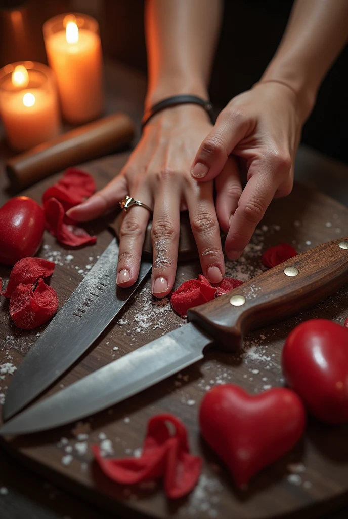 Romantic cover with kitchen knives and pastry utensils with hearts and flowers 