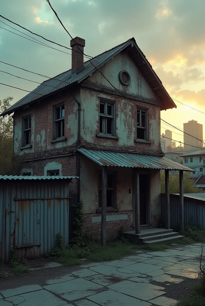 a precarious single-story house made of bricks and zinc sheets almost falling apart in an urban environment at sunset