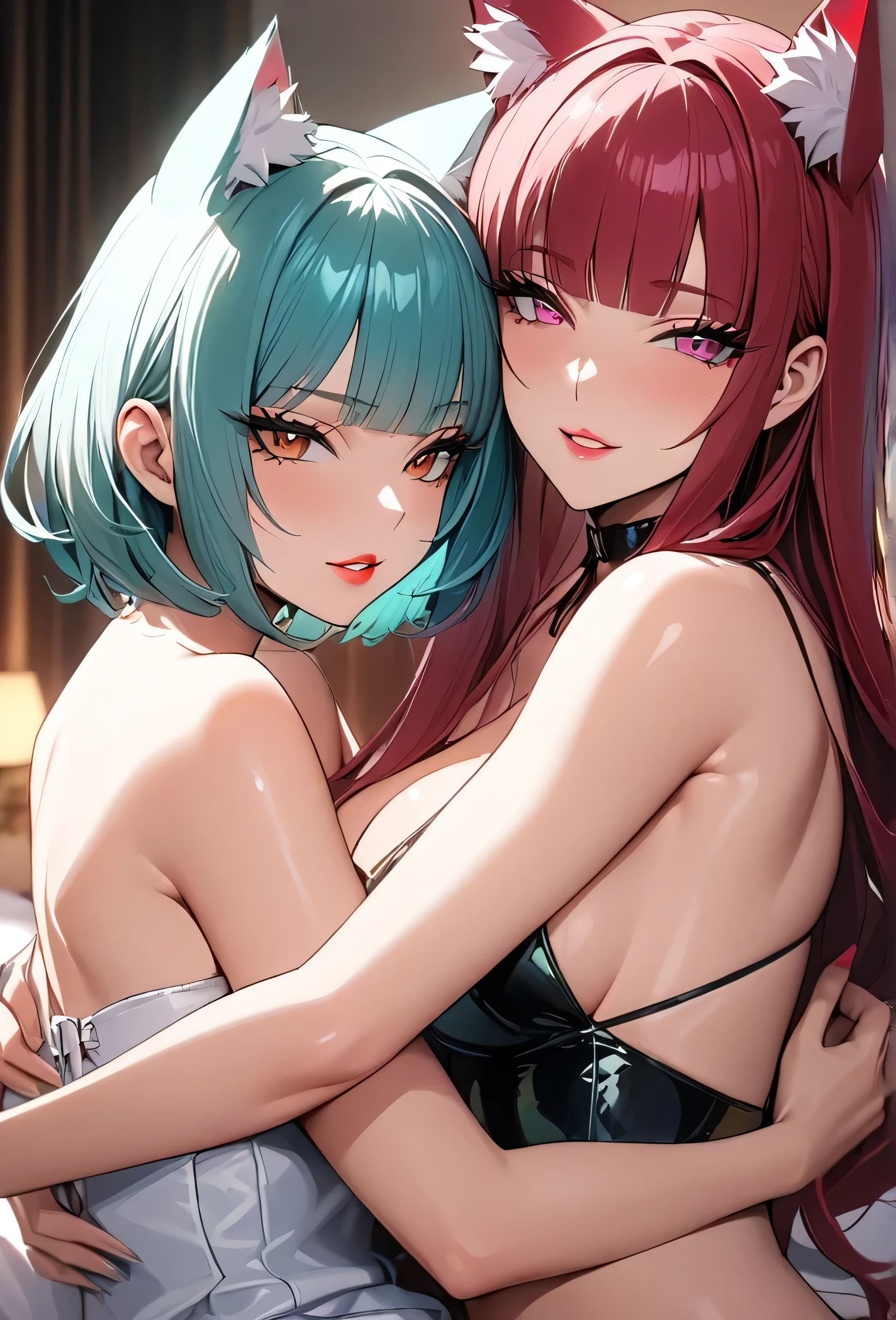 2girls, lesbians, sitting on lap, lewd, thick thighs (masterpiece), best quality, highly detailed faces, (SHARP details), 4k, highly detailed, expressive eyes, SHARP detail expressive eyes, two girls, couple, lesbians, embracing, one girl with teal hair,(shiny red lipstick) (orange eyes), long hair, detailed face, medium breasts, long eyelashes, mature, one girl with red hair, pink eyes, blunt bangs, cat ears, (smirk, closed lips, big plump lips, eyeshadow) shiny skin, beautiful eyes,(detailed eyes, sharp eyes, clear pupils:0.8), wispy bangs, naughty look, sexy bedroom background