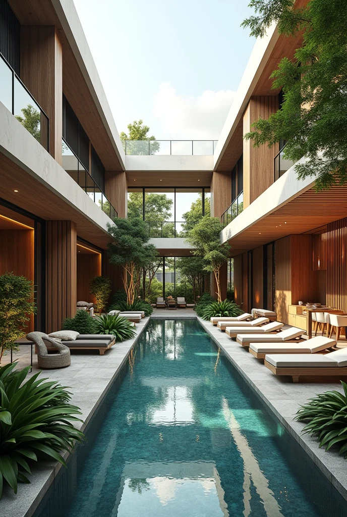 Social club that includes a cafeteria, outdoor spaces and an indoor hydrotherapy pool