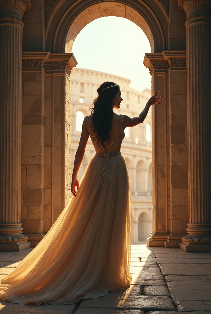 Image of a princess on top of the Greco-Roman Coliseum pointing to one of two doors, But behind that door there is a tiger .