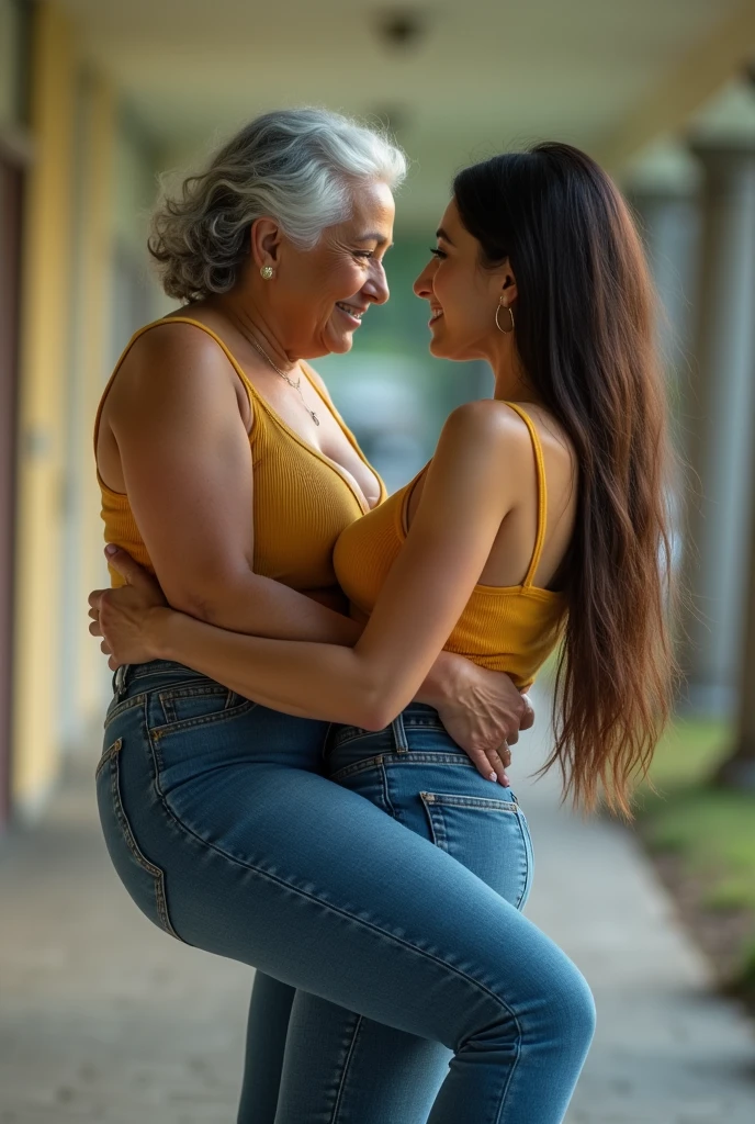 Create a photo of a 30 year old young woman, with a slender and beautiful body, wearing a yellow low-cut tank top and jeans, with white and clear skin, with long light brown hair and has her back to the camera as she is lifted high up by her butt by an obese black 90 year old elderly lady, dark black skinned, who has short hair, who wears glasses and a blue dress