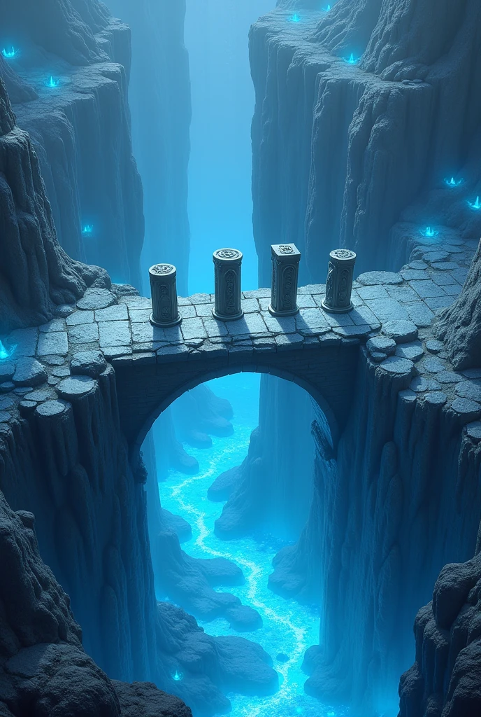 Create a medieval RPG map seen from the sky, like your fat and etc. The map is based on a large bridge in a cold and icy cave, with crystals and the like around, there is a big hole around the bridge. When the bridge is finished (connects with the other side) there is a flat area where there are 5 pillars where each pillar carries a type of animal as its main image, being respectively: serpent, Lion, raccoon, Dolphin and owl. over the bridge, it might be a little broken, some steps just floating with an unknown, colorless magic, just float as if they were alive. Remember the crystals that resonate throughout the environment. The hole is so big that its end cannot be seen and after the bridge, the full area must be large, carrying the five pillars one next to the other with just one IMAGE of the animals mentioned above, not the animals themselves, but only these carvings on each pillar. Each pillar must be different, since they are different animals. The first pillar must bear the image of a snake, o segundo deve portar a imagem de um Lion, o terceiro porta a imagem de um raccoon, the fourth bears the image of a dolphin and the fifth bears the image of an owl. About Pilates itself, imagine they are bookends, Pilates made of stone with blue details of precious crystals.