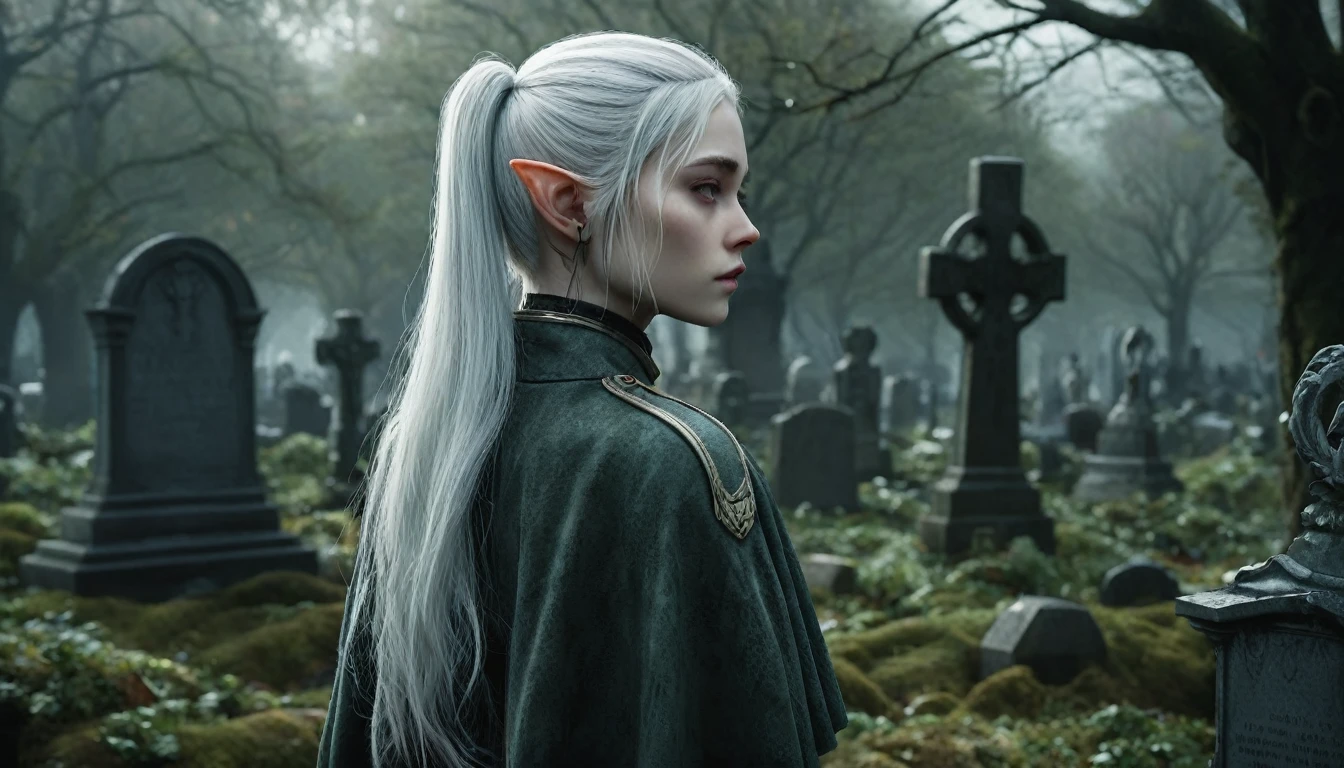  Frieren stands in an old, overgrown cemetery, her back to the camera, with her head bowed as she gazes solemnly at two graves in front of her. Her white hair, styled in twintails, falls softly down her back, and her pointed elven ears are prominently visible, sticking out clearly from beneath her hair. These sharp, elongated ears are a defining feature, highlighting her elven nature. She is wearing a worn cloak, with lifelike textures on her skin and clothes that reflect the subtle details of reality. The graves in front of her are weathered and partially covered with moss, with cracked headstones that show the wear of time. The dark, misty environment adds a melancholic mood, with dead leaves scattered across the ground and old tombstones surrounding her. The lighting is moody, making Frieren and the scene feel hyper-realistic, as though it were a high-definition photograph, ensuring the elven ears are fully visible.