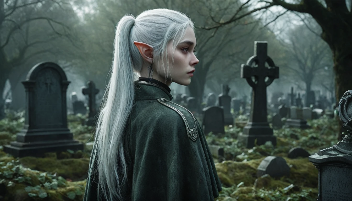  Frieren stands in an old, overgrown cemetery, her back to the camera, with her head bowed as she gazes solemnly at two graves in front of her. Her white hair, styled in twintails, falls softly down her back, and her pointed elven ears are prominently visible, sticking out clearly from beneath her hair. These sharp, elongated ears are a defining feature, highlighting her elven nature. She is wearing a worn cloak, with lifelike textures on her skin and clothes that reflect the subtle details of reality. The graves in front of her are weathered and partially covered with moss, with cracked headstones that show the wear of time. The dark, misty environment adds a melancholic mood, with dead leaves scattered across the ground and old tombstones surrounding her. The lighting is moody, making Frieren and the scene feel hyper-realistic, as though it were a high-definition photograph, ensuring the elven ears are fully visible.