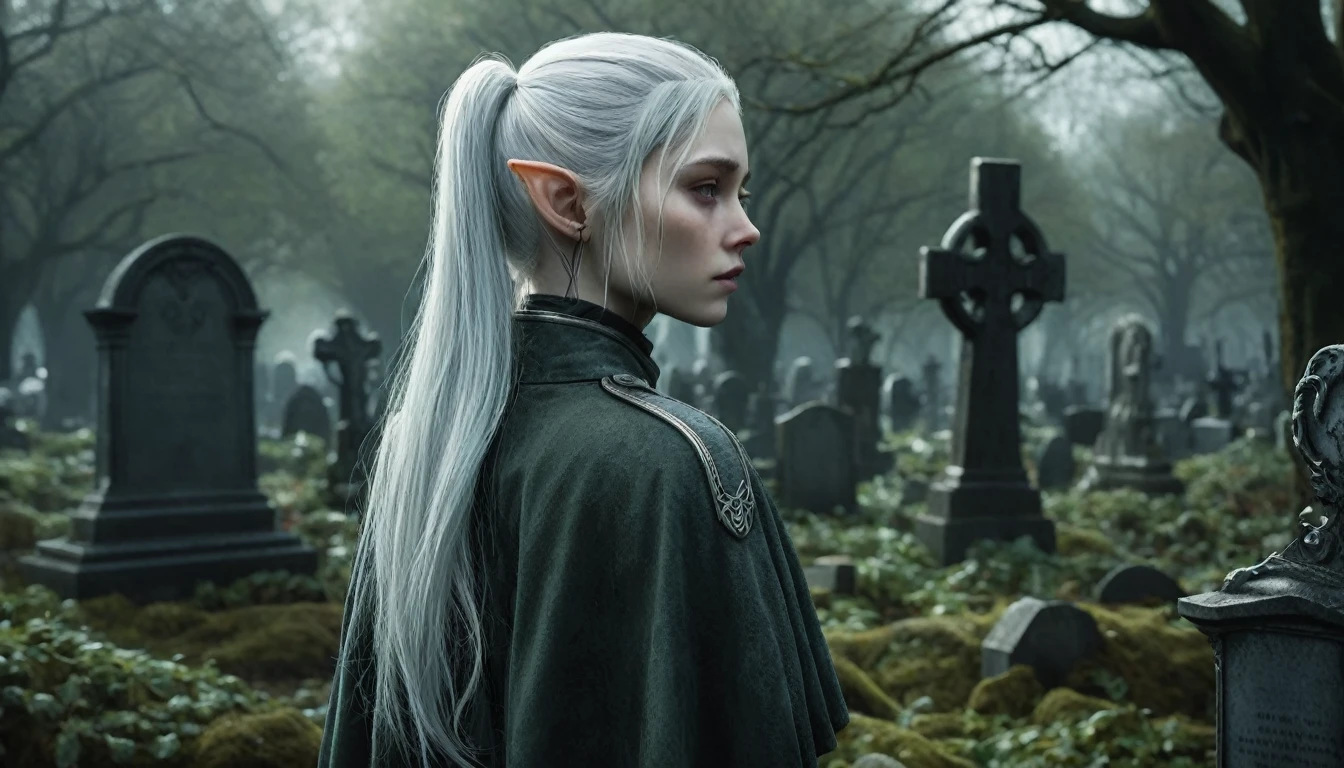  Frieren stands in an old, overgrown cemetery, her back to the camera, with her head bowed as she gazes solemnly at two graves in front of her. Her white hair, styled in twintails, falls softly down her back, and her pointed elven ears are prominently visible, sticking out clearly from beneath her hair. These sharp, elongated ears are a defining feature, highlighting her elven nature. She is wearing a worn cloak, with lifelike textures on her skin and clothes that reflect the subtle details of reality. The graves in front of her are weathered and partially covered with moss, with cracked headstones that show the wear of time. The dark, misty environment adds a melancholic mood, with dead leaves scattered across the ground and old tombstones surrounding her. The lighting is moody, making Frieren and the scene feel hyper-realistic, as though it were a high-definition photograph, ensuring the elven ears are fully visible.