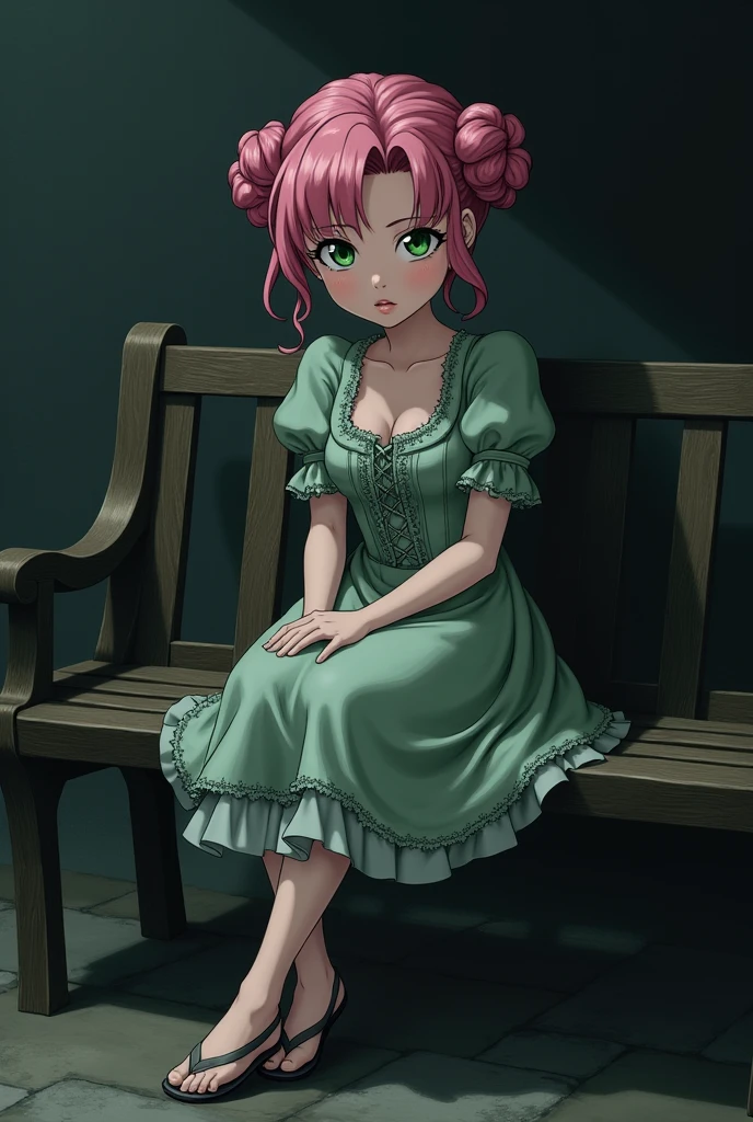 Hunter x Hunter screenshot from [, female] [I want her to have pink wavy hair, that has green eyes, with pale white skin, I want her to be wearing two braided buns and wearing a Victorian-era dress in shades of green and white and wearing ballet flats] [I want a dark setting where my character is shown sitting on a bench with a traveled expression as if she were thinking about another world.] WIT studios.