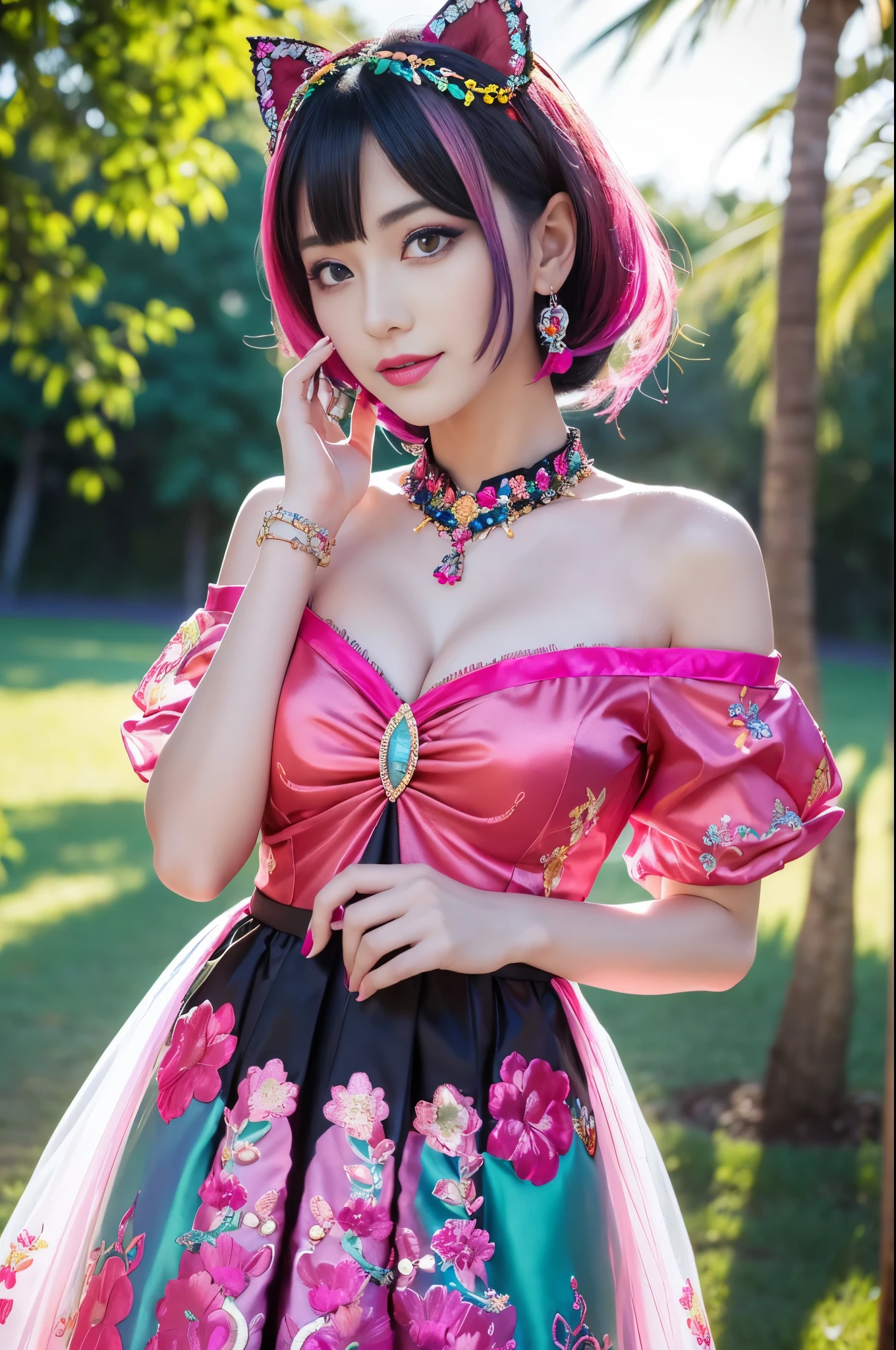 (masterpiece:1.4), (best quality:1.4), ultra high res, ultra high resolution, ((detailed facial features)), HDR, (realistic, photorealistic, photo-realistic:1.37), full body Esbian, sexy swedish model, (-anime), only 1 model, vivid colors, ((vivid colors multicolor (fuchsia, pink, light blue, purple) very short hair)), (seductive smile), lip-gloss, long lashes, defined eyebrows, wearing large sparkling colorful jewelery, wearing a red silk Paradise Kiss cosplay dress with black floral embroidery, ((vivid colors outfit)), vivid colors, look at the camera, cinematic light, large park background with trees, sweet and sexy pose
