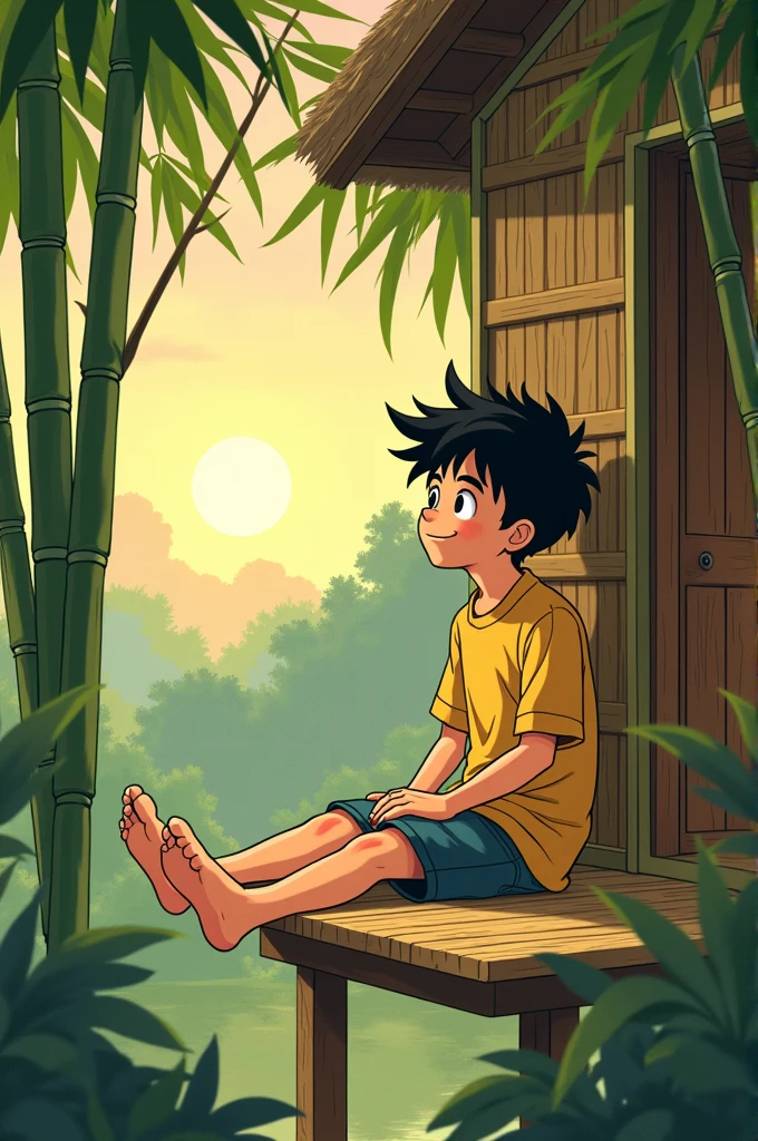 Draw a tintin style anime simple art of a boy sitting on the bamboo house.