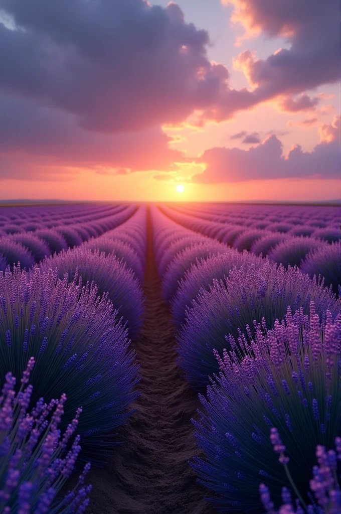 Champ de lavandes, coucher de soleil, ciel nuageux et sombre aux couleurs violacé avec des nuances aux couleurs complètementaires du violet. 4k hyper réaliste. Photographie canon 5d mark 3