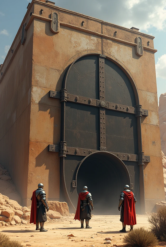 Create a giant oven with an iron door on the ground that can only be opened from the outside with 3 medieval knight soldiers without a red cape armor in a place like a desert but some trees 