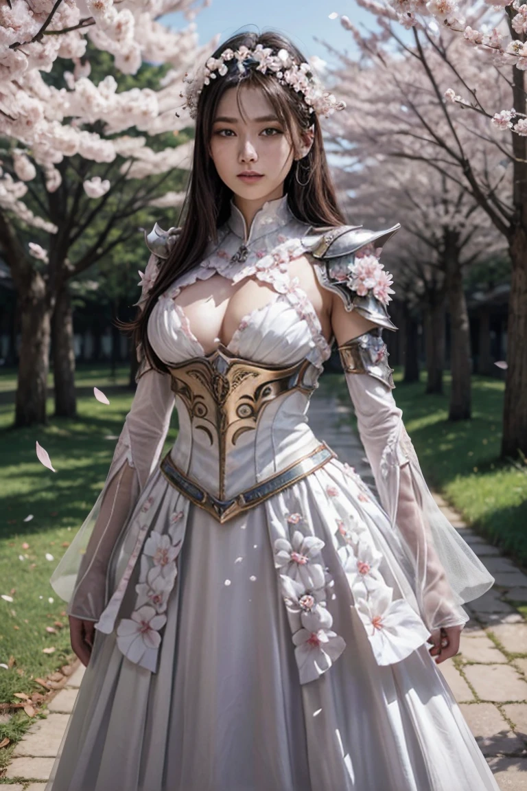 A tall, elegant warrior woman from the Sakurianas species, wearing a unique armor that reflects their abilities and beauty. The armor is lightweight, made of petal-like material that is 100 times stronger than diamond but appears delicate and organic. The armor has a shimmering pink and white color scheme, resembling the natural hues of Sakura petals. The chest plate and shoulder guards are adorned with intricate floral patterns that look like blooming Sakura flowers. The helmet is sleek, with a visor shaped like overlapping petals, and the whole armor has a flexible, almost fluid-like appearance. The armor also has glowing veins of energy running through it, matching the regenerative and powerful nature of the wearer. The background is a mystical forest, with falling Sakura petals around the warrior.